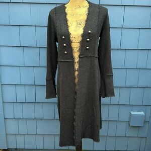Vocal Black Long Open Front Knit Sweater Cardigan with Button Detail